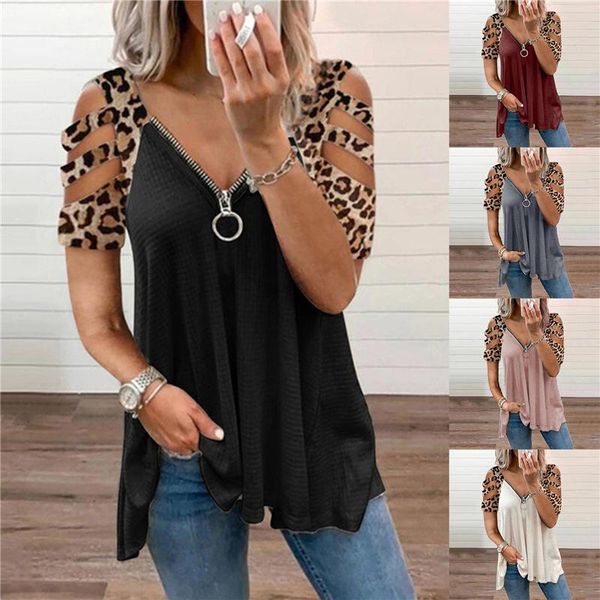 women's blouses & shirts summer zipper v-neck for women fashion casual blouse leopard patchwork short sleeve tunic chemise femme, White
women's blouses & shirts summer zipper v-neck for women fashion casual blouse leopard patchwork short sleeve tunic chemise femme, White