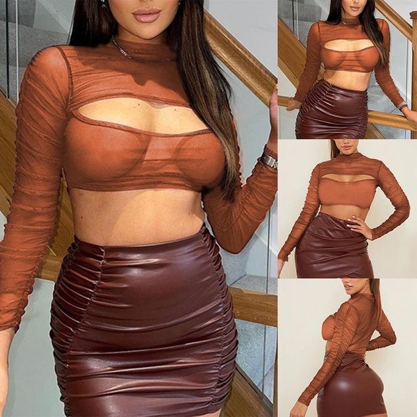 women's t-shirt fashion mesh see-through hollow half-high collar long sleeve brown, White
women's t-shirt fashion mesh see-through hollow half-high collar long sleeve brown, White