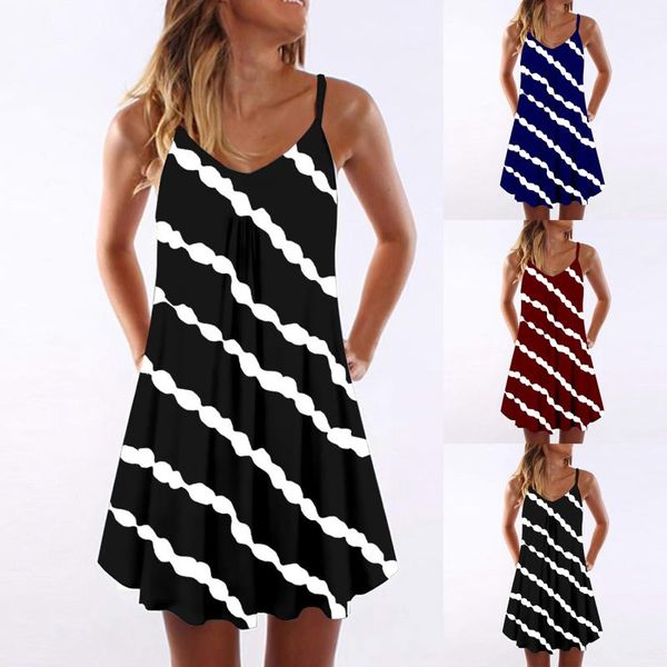 women knee length dress summer female casual striped loose print suspender sling beach vestidos dresses, Black;gray
women knee length dress summer female casual striped loose print suspender sling beach vestidos dresses, Black;gray