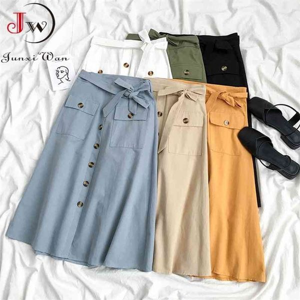 women elegant high waist midi skirt spring and summer casual single-breasted solid black white bowknot belt office a-line 210621
women elegant high waist midi skirt spring and summer casual single-breasted solid black white bowknot belt office a-line 210621