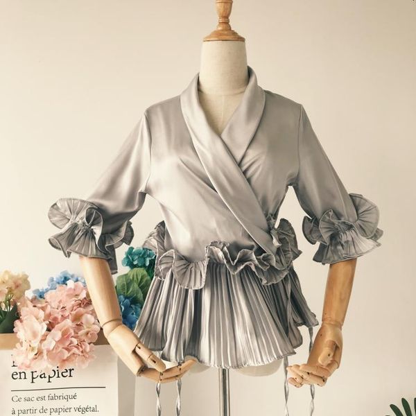 women's blouses & shirts euro high-end style women fashion satin slim ruffles half sleeves v-neck petal pleated lower hem blouse l, White
women's blouses & shirts euro high-end style women fashion satin slim ruffles half sleeves v-neck petal pleated lower hem blouse l, White
