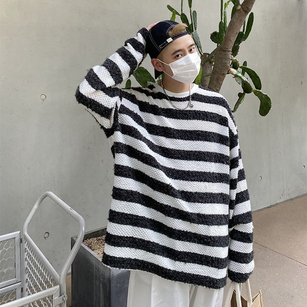 thi winter autumn stripe and sweater trend loose version wide round ne coat men's 2021 long sve top, Black
thi winter autumn stripe and sweater trend loose version wide round ne coat men's 2021 long sve top, Black