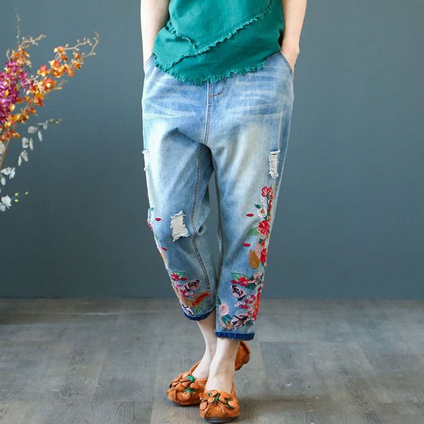 jeans summer women shining high flower embroidery from vintage casual jeans loose ripped holes denim harem pant, Blue
jeans summer women shining high flower embroidery from vintage casual jeans loose ripped holes denim harem pant, Blue