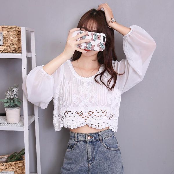 women's t-shirt 2021 summer french design crochet hollow knit sunscreen shirt chiffon puff sleeve round neck top, White
women's t-shirt 2021 summer french design crochet hollow knit sunscreen shirt chiffon puff sleeve round neck top, White