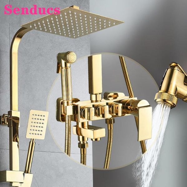 gold bathroom shower set senducs stainless steel rainfall head quality brass bathtub mixer tap thermostatic sets
gold bathroom shower set senducs stainless steel rainfall head quality brass bathtub mixer tap thermostatic sets