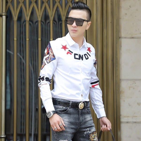 men's dress shirts 2021 men slim fit long sleeve casual shirt letter printed camisa masculina streetwear nightclub clothes chemise homm, White;black
men's dress shirts 2021 men slim fit long sleeve casual shirt letter printed camisa masculina streetwear nightclub clothes chemise homm, White;black