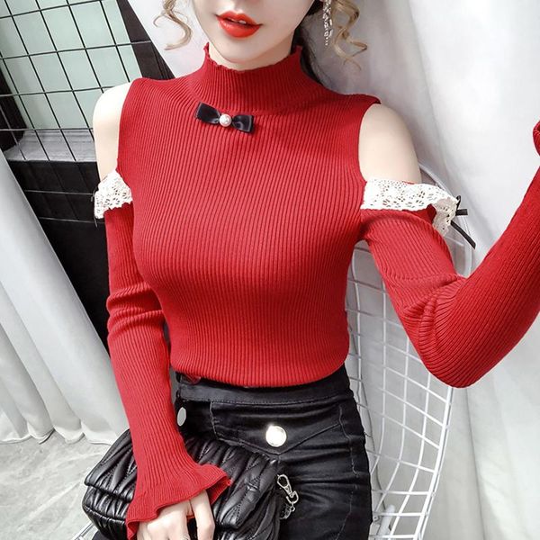 women's sweaters off shoulder flare long sleeve 2021 autumn pullover women white lace patchwork ladies red slim bow beading knitted, White;black
women's sweaters off shoulder flare long sleeve 2021 autumn pullover women white lace patchwork ladies red slim bow beading knitted, White;black