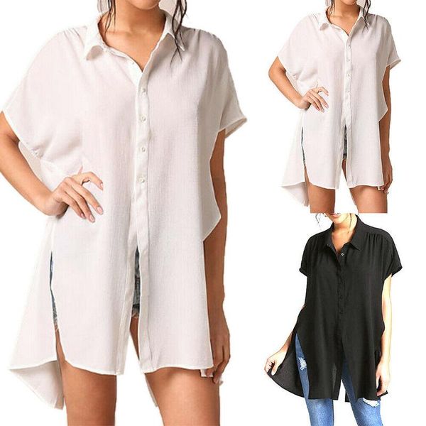 women short sleeve button down loose long line side split tunic blouse women's blouses & shirts, White
women short sleeve button down loose long line side split tunic blouse women's blouses & shirts, White