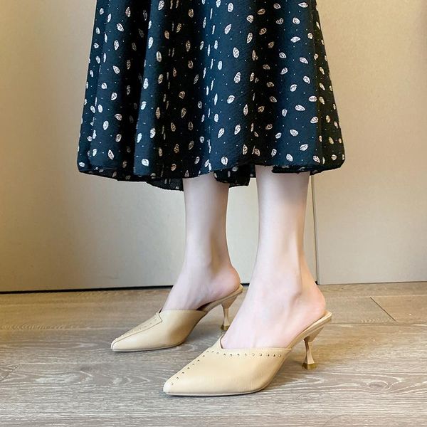 slippers solid leather casual shoes 2021 summer women woman mules rivet thin high heels pointed toe ladies, Black
slippers solid leather casual shoes 2021 summer women woman mules rivet thin high heels pointed toe ladies, Black