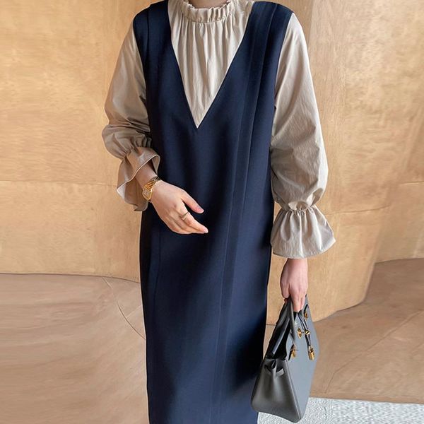 casual dresses elegant stand collar patchwork fake two piece dress women loose flare sleeve autumn 2021 vestidos korean style chic robe, Black;gray
casual dresses elegant stand collar patchwork fake two piece dress women loose flare sleeve autumn 2021 vestidos korean style chic robe, Black;gray