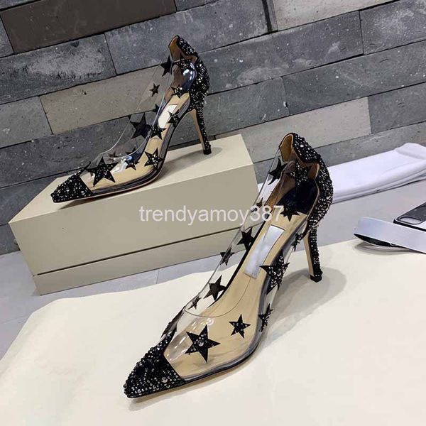 dress shoes song qian net red same summer star high heels pointed transparent thin heel crystal single shoes bride wedding women, Black