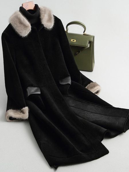 women's fur & faux 2021 luxury real coat women natural mink collar and cuff sheep shearing coats long warm winter female jacket xq150, Black
women's fur & faux 2021 luxury real coat women natural mink collar and cuff sheep shearing coats long warm winter female jacket xq150, Black