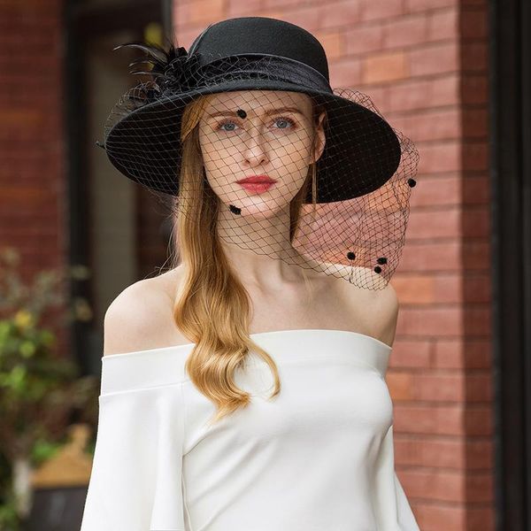 stingy brim hats lady fedoras hat girls wide wool veil dome party cap design woolen fashion elegant adjust a10, Blue;gray
stingy brim hats lady fedoras hat girls wide wool veil dome party cap design woolen fashion elegant adjust a10, Blue;gray