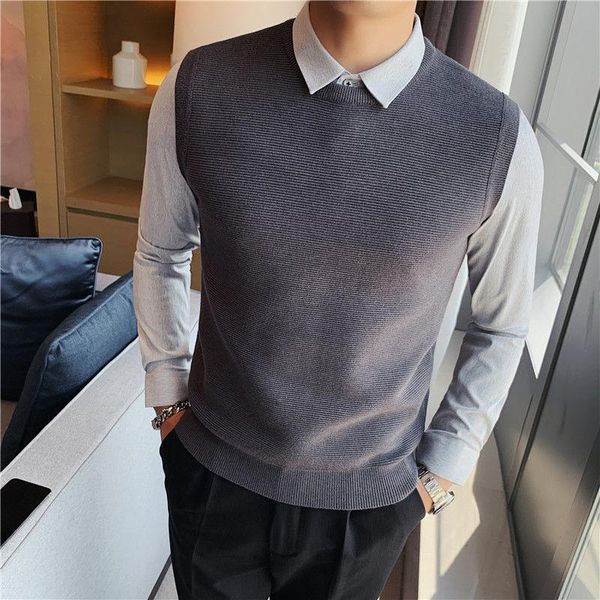 men's sweaters korean slim sweater men 2021 autumn winter warm casual fake two design dress pullover shirts hombre, White;black
men's sweaters korean slim sweater men 2021 autumn winter warm casual fake two design dress pullover shirts hombre, White;black