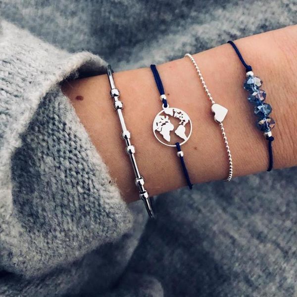 link, chain 4pcs/set boho hollow map bead heart leather crystal silver multilayer bracelet female exquisite party clothing accessories, Black
link, chain 4pcs/set boho hollow map bead heart leather crystal silver multilayer bracelet female exquisite party clothing accessories, Black