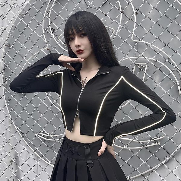 street sports cool long-sleeved shirt women's double zipper cardigan reflective stitching umbilical short jacket jackets, Black;brown
street sports cool long-sleeved shirt women's double zipper cardigan reflective stitching umbilical short jacket jackets, Black;brown