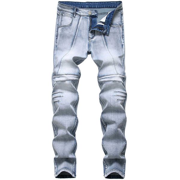 2021 new spring summer denim cotton pants men pleated slim fit pencil pant light blue jeans trousers ripped jeans for men x0621