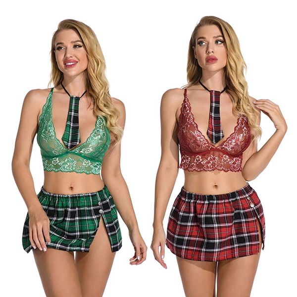 women green lace preppy style plaid skirt hollow underwear sets red sleepwear girl lingerie low neck two piece outfit nightwear, Black;white
women green lace preppy style plaid skirt hollow underwear sets red sleepwear girl lingerie low neck two piece outfit nightwear, Black;white