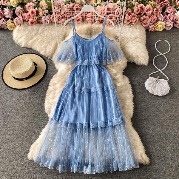 summer french retro super fairy mesh stitching off shoulder suspender dress casual dresses, Black;gray
summer french retro super fairy mesh stitching off shoulder suspender dress casual dresses, Black;gray