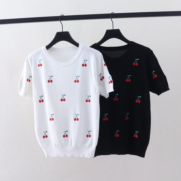 t shirt round neck short sleeve women's 2021 summer sweet cherry embroidery loose thin age reducing knitted top, White
t shirt round neck short sleeve women's 2021 summer sweet cherry embroidery loose thin age reducing knitted top, White