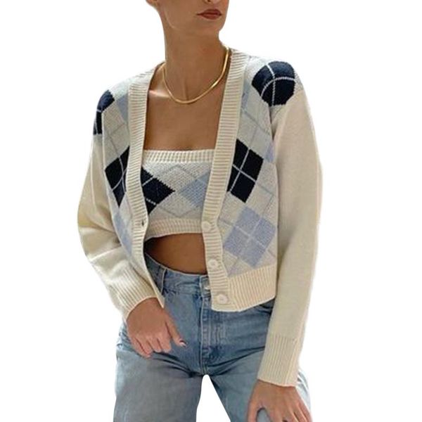 women's knits & tees ladies autumn leisure suit, women diamond plaid v-neck long sleeve single-breasted knitted cardigan + strapless ca, White
women's knits & tees ladies autumn leisure suit, women diamond plaid v-neck long sleeve single-breasted knitted cardigan + strapless ca, White