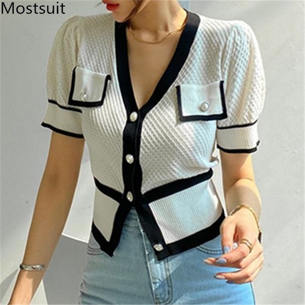 color-blocked knitted korean cardigan knitwear women short sleeve v-neck pockets sweater elegant vintage ladies jumpers 210514, White
color-blocked knitted korean cardigan knitwear women short sleeve v-neck pockets sweater elegant vintage ladies jumpers 210514, White