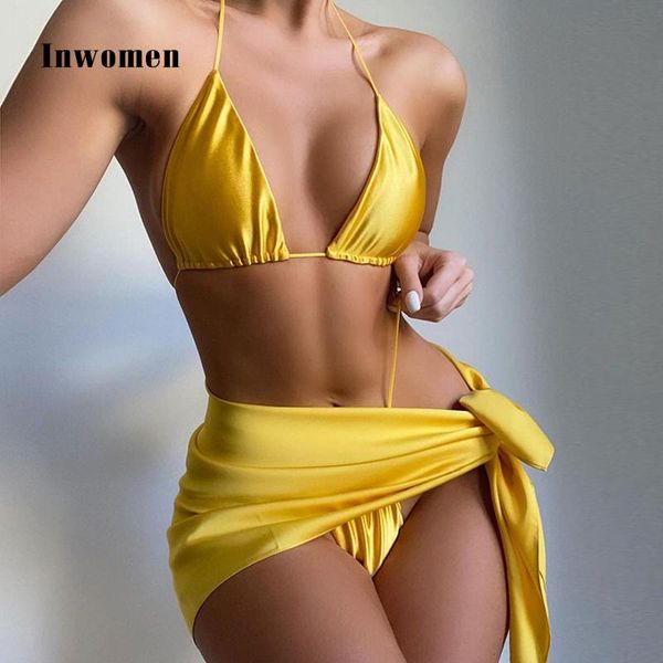 women's swimwear inwomen 3 piece bikinis swim lingeries female swimsuit triangle string halter bathing suit solid summer, White;black