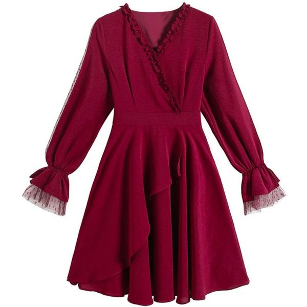 autumn temperament slim gentle mesh stitching short dress korean style retro v neck flare sleeve women casual dresses, Black;gray
autumn temperament slim gentle mesh stitching short dress korean style retro v neck flare sleeve women casual dresses, Black;gray
