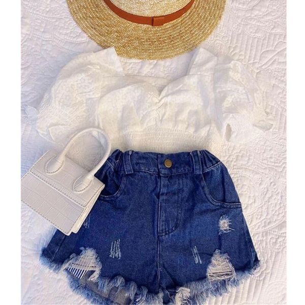 2pcs toddler baby girl clothes set short sleeve shirt ripped denim shorts clothing sets, White
2pcs toddler baby girl clothes set short sleeve shirt ripped denim shorts clothing sets, White