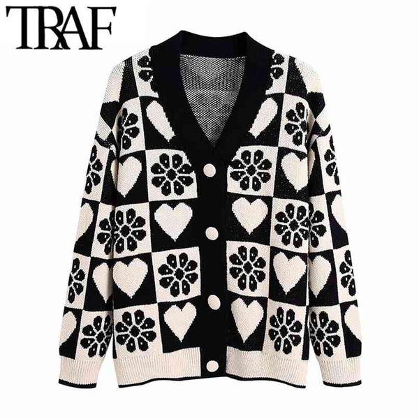 traf women fashion jacquard loose knit cardigan sweater vintage long sleeve covered buttons female outerwear chic 210914, White;black
traf women fashion jacquard loose knit cardigan sweater vintage long sleeve covered buttons female outerwear chic 210914, White;black