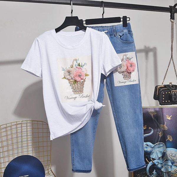 summer sequins embroidery flowers t-shirt elastic waist denim pants suit women loose cotton tee shirt jeans set female two piece dress, White
summer sequins embroidery flowers t-shirt elastic waist denim pants suit women loose cotton tee shirt jeans set female two piece dress, White
