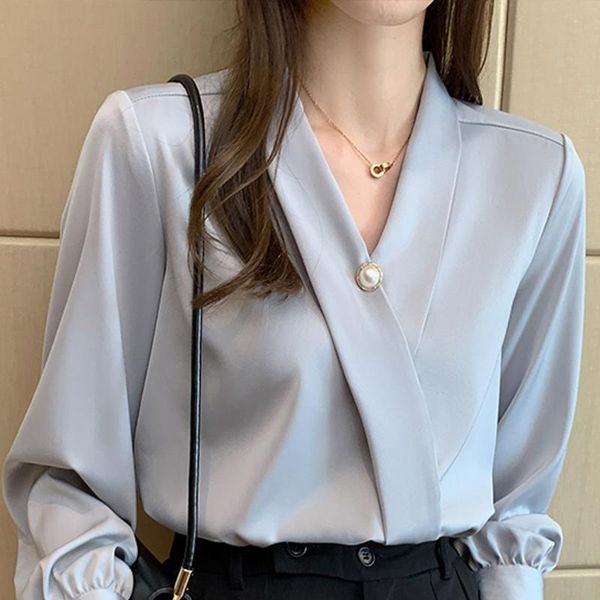 women's polos pearl button v-neck chiffon women blouse satin solid loose elegant long sleeve office lady 2021 fashion casual woman, White 
women's polos pearl button v-neck chiffon women blouse satin solid loose elegant long sleeve office lady 2021 fashion casual woman, White