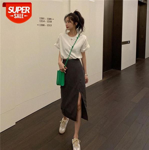 mid-length slit skirt women irregular high-waisted thin a-line #gf2z, Black