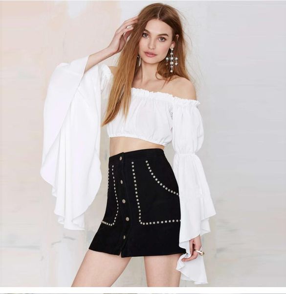 women's t-shirt summer style breast-wrapped breast umbilical flying sleeves pleated long-sleeved neckline female, White
women's t-shirt summer style breast-wrapped breast umbilical flying sleeves pleated long-sleeved neckline female, White