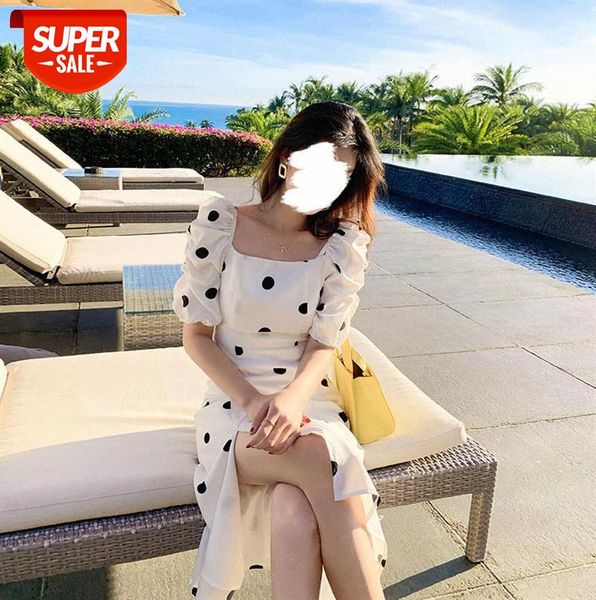 french retro polka dot puff sleeve long skirt with a waist and thin side slit square neck dress #mk5r, Black;gray
french retro polka dot puff sleeve long skirt with a waist and thin side slit square neck dress #mk5r, Black;gray