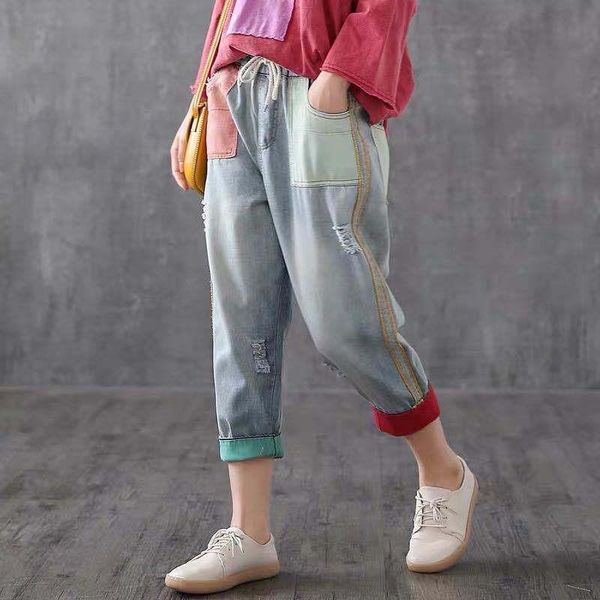 arrival arts style women loose casual elastic waist harem pants patchwork cotton denim ripped jeans a105 women's, Blue
arrival arts style women loose casual elastic waist harem pants patchwork cotton denim ripped jeans a105 women's, Blue