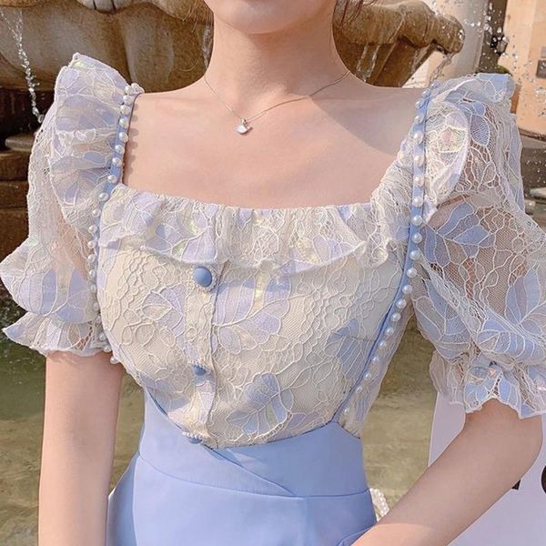 women's blouses & shirts french puff sleeve floral mesh stitching lace women summer short chiffon blouse gentle temperament design, White
women's blouses & shirts french puff sleeve floral mesh stitching lace women summer short chiffon blouse gentle temperament design, White