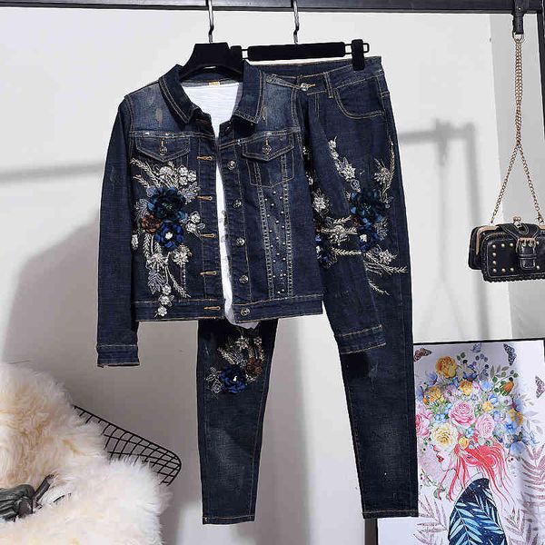 women's two piece pants handwork embroidery flowers jeans set female denim jacket coat pencil women navy blue suit streetwear hia8, White
women's two piece pants handwork embroidery flowers jeans set female denim jacket coat pencil women navy blue suit streetwear hia8, White