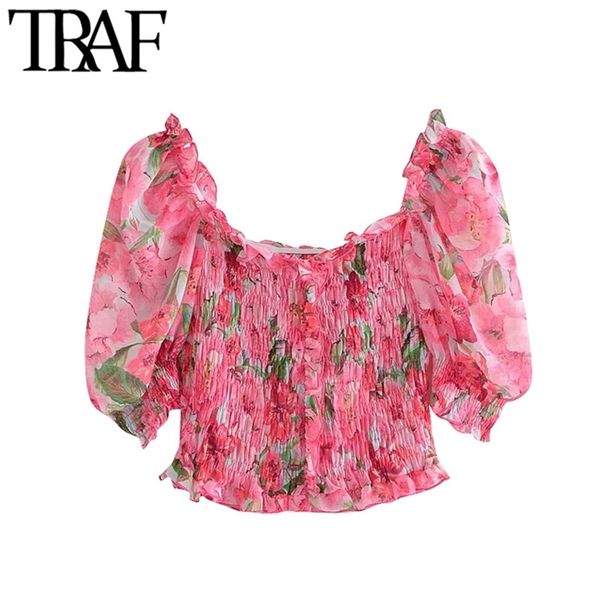 women fashion floral print ruffles cropped blouses vintage short sleeve smocked elastic female shirts chic 210507, White
women fashion floral print ruffles cropped blouses vintage short sleeve smocked elastic female shirts chic 210507, White
