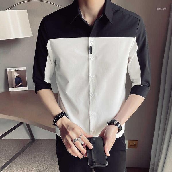 men's casual shirts short 2021 slim sleeve three quarter daily summer patchwork single breasted fashion men, White;black
men's casual shirts short 2021 slim sleeve three quarter daily summer patchwork single breasted fashion men, White;black