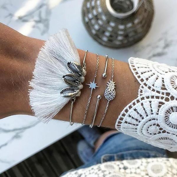 charm bracelets 4 pcs/set bohemian pineapple star bracelet for women multilayer shell tassel bangles femme jewelry, Golden;silver
charm bracelets 4 pcs/set bohemian pineapple star bracelet for women multilayer shell tassel bangles femme jewelry, Golden;silver