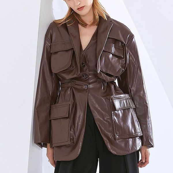 women's leather & faux pu coats women jackets vintage motor biker elegant tie belt waist pockets buttons 2021, Black
women's leather & faux pu coats women jackets vintage motor biker elegant tie belt waist pockets buttons 2021, Black