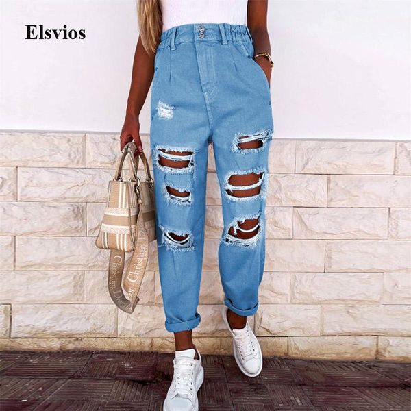 women's jeans fashion elastic waist pocket street jean trousers casual loose high waisted straight women ripped hole denim pants, Blue
women's jeans fashion elastic waist pocket street jean trousers casual loose high waisted straight women ripped hole denim pants, Blue