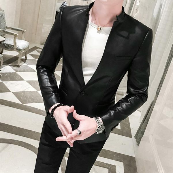 solid black slim fit blazer hombre pu leather jacket men one button stand collar business casual blazers korean suit coat men's suits, White;black
solid black slim fit blazer hombre pu leather jacket men one button stand collar business casual blazers korean suit coat men's suits, White;black