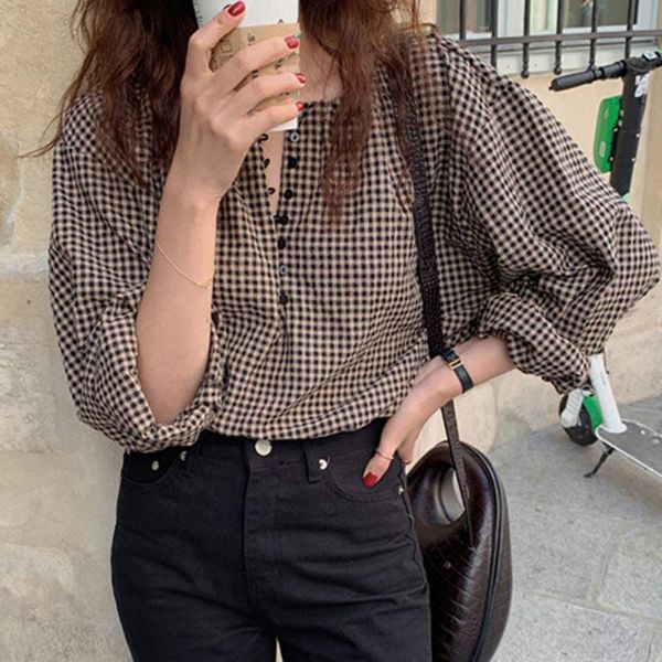 ladies in women's blouses retro simple loose-breasted o-neck plaid long sleeve blusas office elegantes de mujer & shirts, White
ladies in women's blouses retro simple loose-breasted o-neck plaid long sleeve blusas office elegantes de mujer & shirts, White