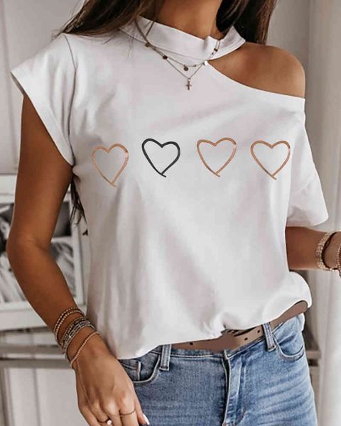 women summer elegant heart print cold shoulder short sleeve casual t-shirt 210415, White
women summer elegant heart print cold shoulder short sleeve casual t-shirt 210415, White