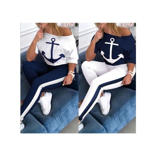 piece set women tracksuit boat blue anchor print two and pants clothes elastic waist long lounge wear dress, White
piece set women tracksuit boat blue anchor print two and pants clothes elastic waist long lounge wear dress, White