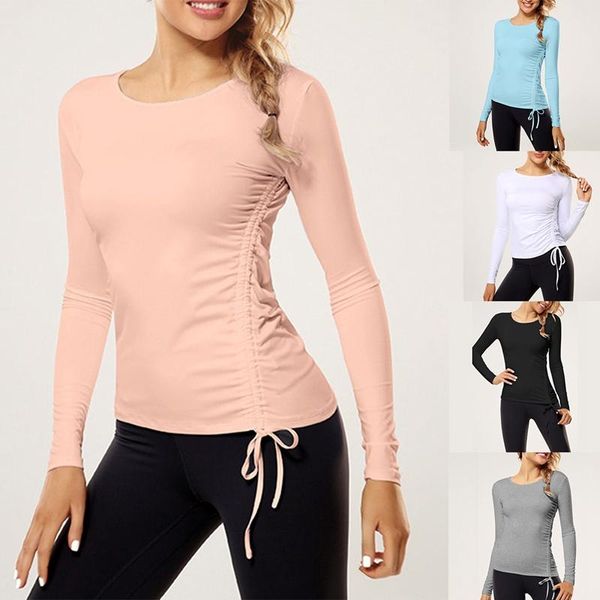women's t-shirt slim round neck solid color elastic drawstring casual long sleeve sexy, White
women's t-shirt slim round neck solid color elastic drawstring casual long sleeve sexy, White