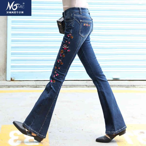 spring autumn women vintage floral embroidery high waist flare female elastic denim distressed jeans trousers y674, Blue
spring autumn women vintage floral embroidery high waist flare female elastic denim distressed jeans trousers y674, Blue