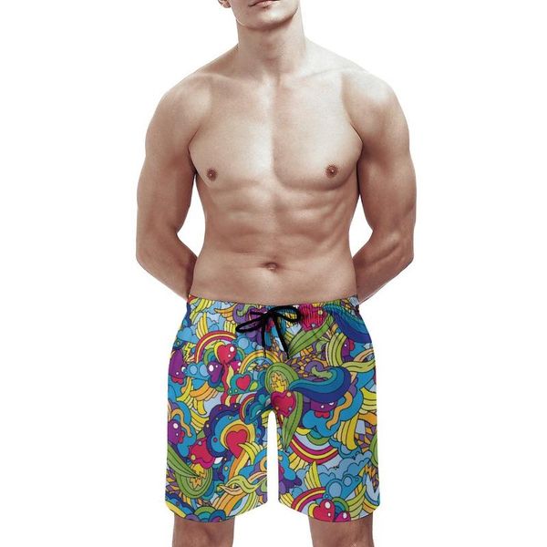 60s hippie style print men's cool beach shorts summer swim trunks quick dry mesh lining board with pockets, White;black
60s hippie style print men's cool beach shorts summer swim trunks quick dry mesh lining board with pockets, White;black